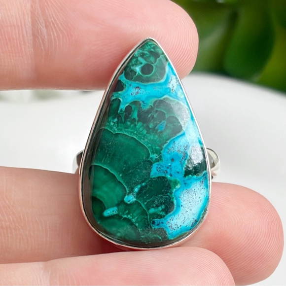 Southwest Jewelry - Malachite Chrysocolla Ring Size 8 1/4 8.25 Pure Sterling Silver 925 Southwest